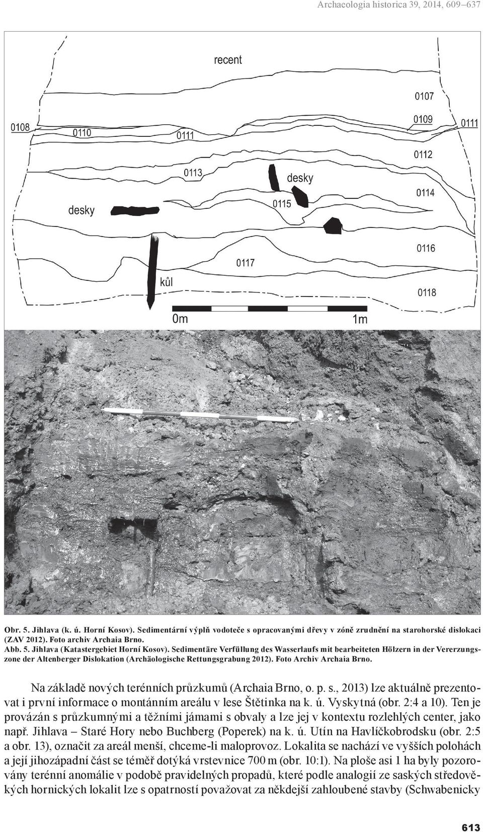 Sedimentäre Verfüllung des Wasserlaufs mit bearbeiteten Hölzern in der Vererzungszone der Altenberger Dislokation (Archäologische Rettungsgrabung 2012). Foto Archiv Archaia Brno.
