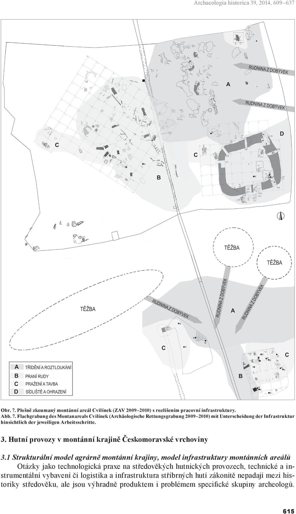 Flachgrabung des Montanareals Cvilínek (Archäologische Rettungsgrabung 2009 2010) mit Unterscheidung der Infrastruktur hinsichtlich der jeweiligen Arbeitsschritte. 3.