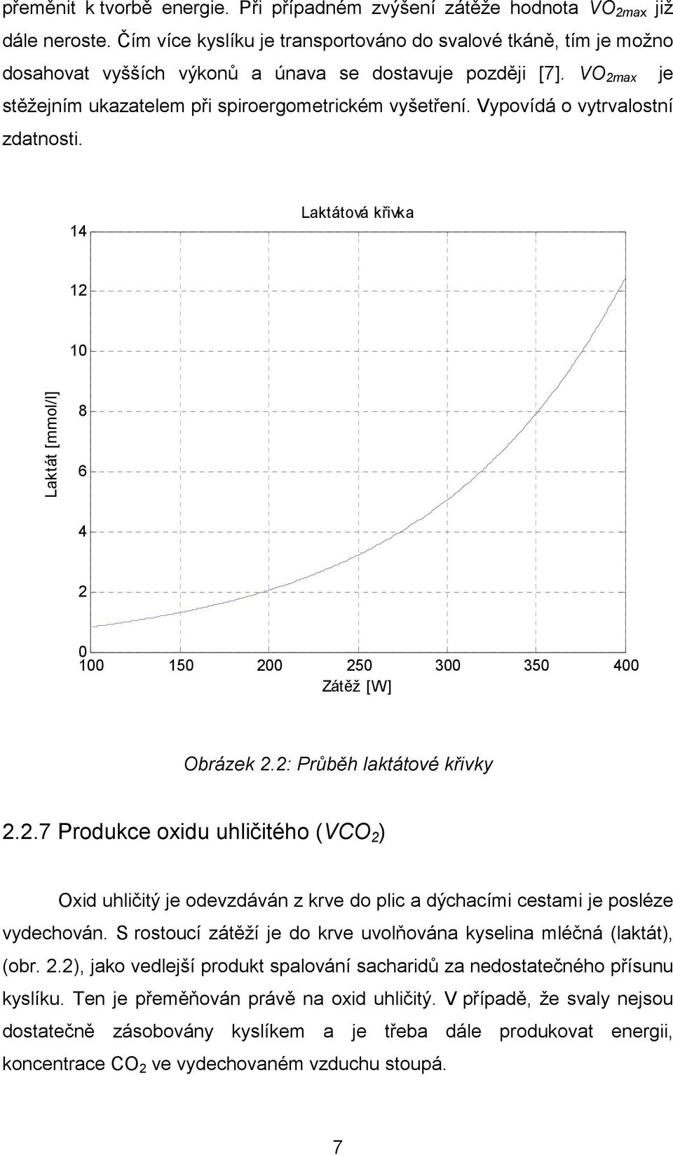 Vypovídá o vytrvalostní zdatnosti. 14 Laktátová křivka 12 10 Laktát [mmol/l] 8 6 4 2 0 100 150 200 250 300 350 400 Zátěž [W] Obrázek 2.2: Průběh laktátové křivky 2.2.7 Produkce oxidu uhličitého (VCO 2 ) Oxid uhličitý je odevzdáván z krve do plic a dýchacími cestami je posléze vydechován.