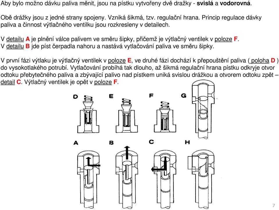 V detailu B jde píst čerpadla nahoru a nastává vytlačování paliva ve směru šipky.