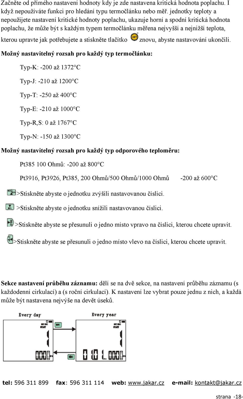 upravte jak potřebujete a stiskněte tlačítko Možný nastavitelný rozsah pro každý typ termočlánku: Typ-K: -200 až 1372 C Typ-J: -210 až 1200 C Typ-T: -250 až 400 C Typ-E: -210 až 1000 C Typ-R,S: 0 až