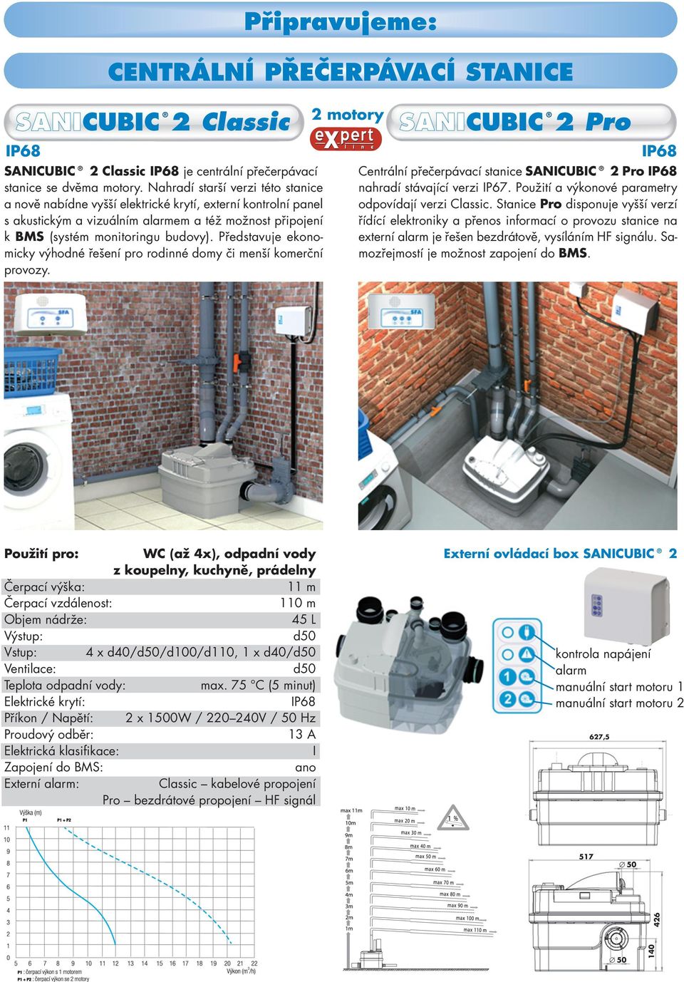 Představuje ekonomicky výhodné řešení pro rodinné domy či menší komerční provozy. 2 motory SANICUBIC 2 Pro Centrání přečerpávací stanice SANICUBIC 2 Pro nahradí stávající verzi IP67.