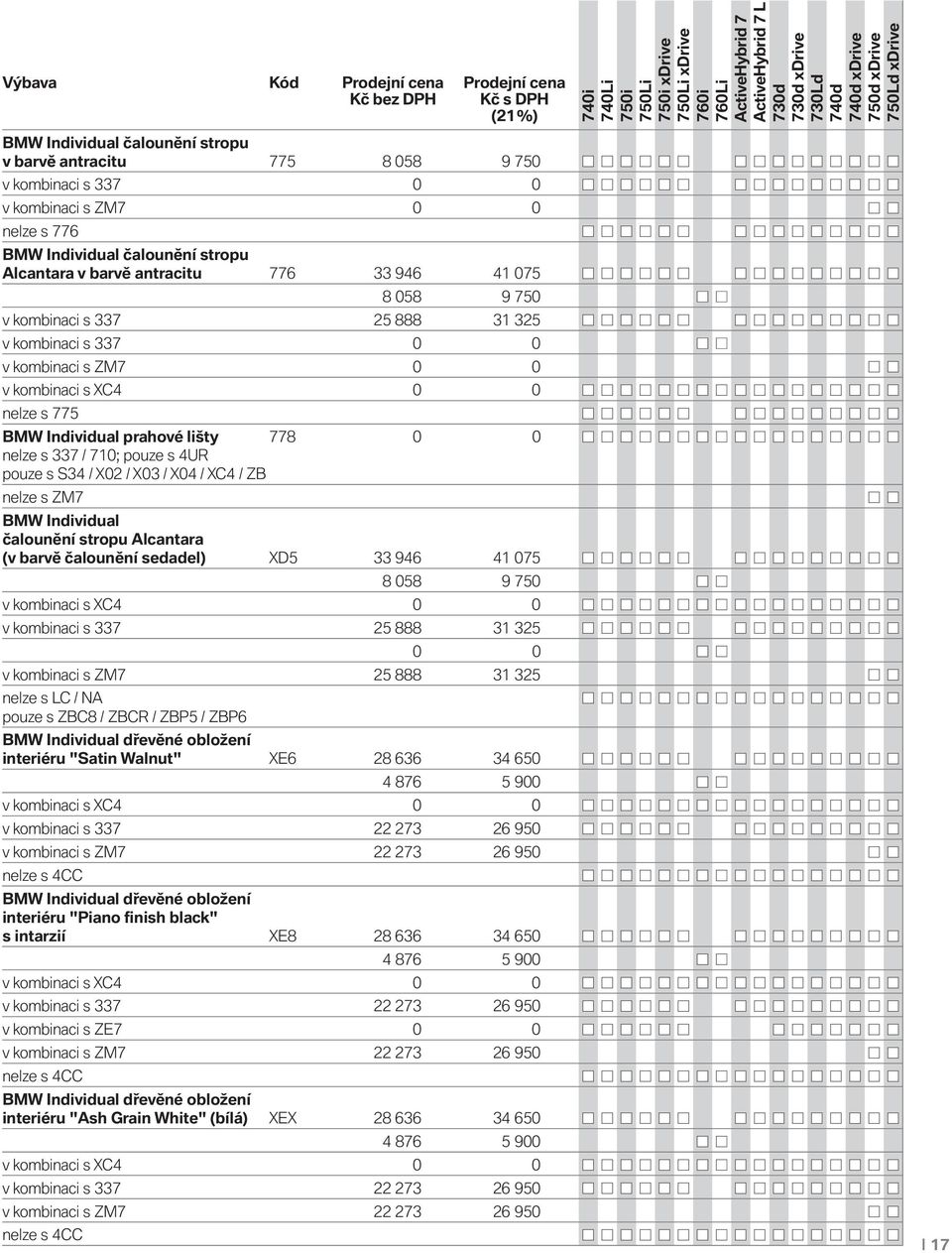 prahové lišty 778 0 0 / 710; pouze s 4UR pouze s S34 / X02 / X03 / X04 / XC4 / ZB BMW Individual čalounění stropu Alcantara (v barvě čalounění sedadel) XD5 33 946 41 075 8 058 9 750 v kombinaci s XC4