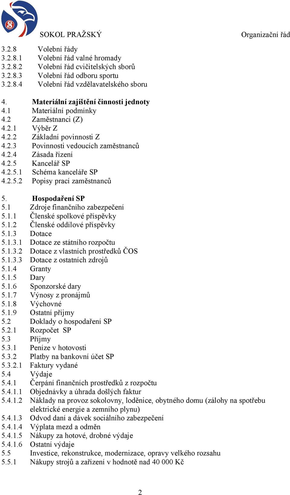2.5.1 Schéma kanceláře SP 4.2.5.2 Popisy prací zaměstnanců 5. Hospodaření SP 5.1 Zdroje finančního zabezpečení 5.1.1 Členské spolkové příspěvky 5.1.2 Členské oddílové příspěvky 5.1.3 