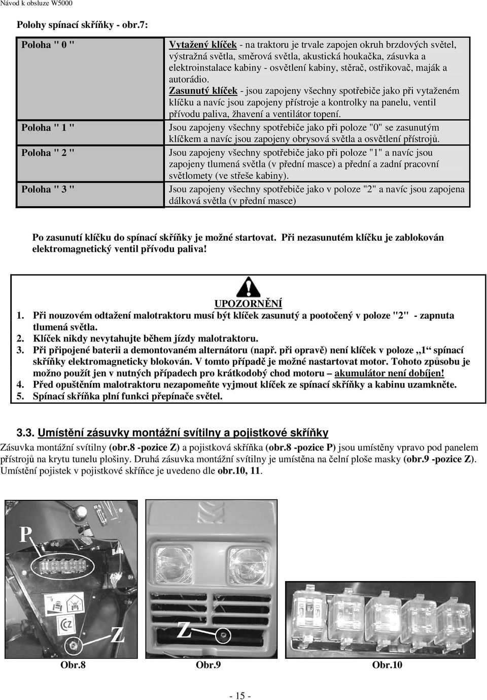 elektroinstalace kabiny - osvětlení kabiny, stěrač, ostřikovač, maják a autorádio.