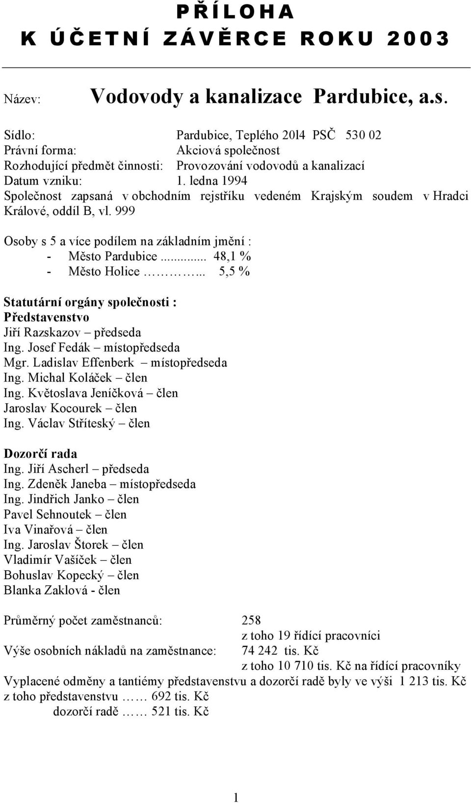 ledna 1994 Společnost zapsaná v obchodním rejstříku vedeném Krajským soudem v Hradci Králové, oddíl B, vl. 999 Osoby s 5 a více podílem na základním jmění : - Město Pardubice... 48,1 % - Město Holice.