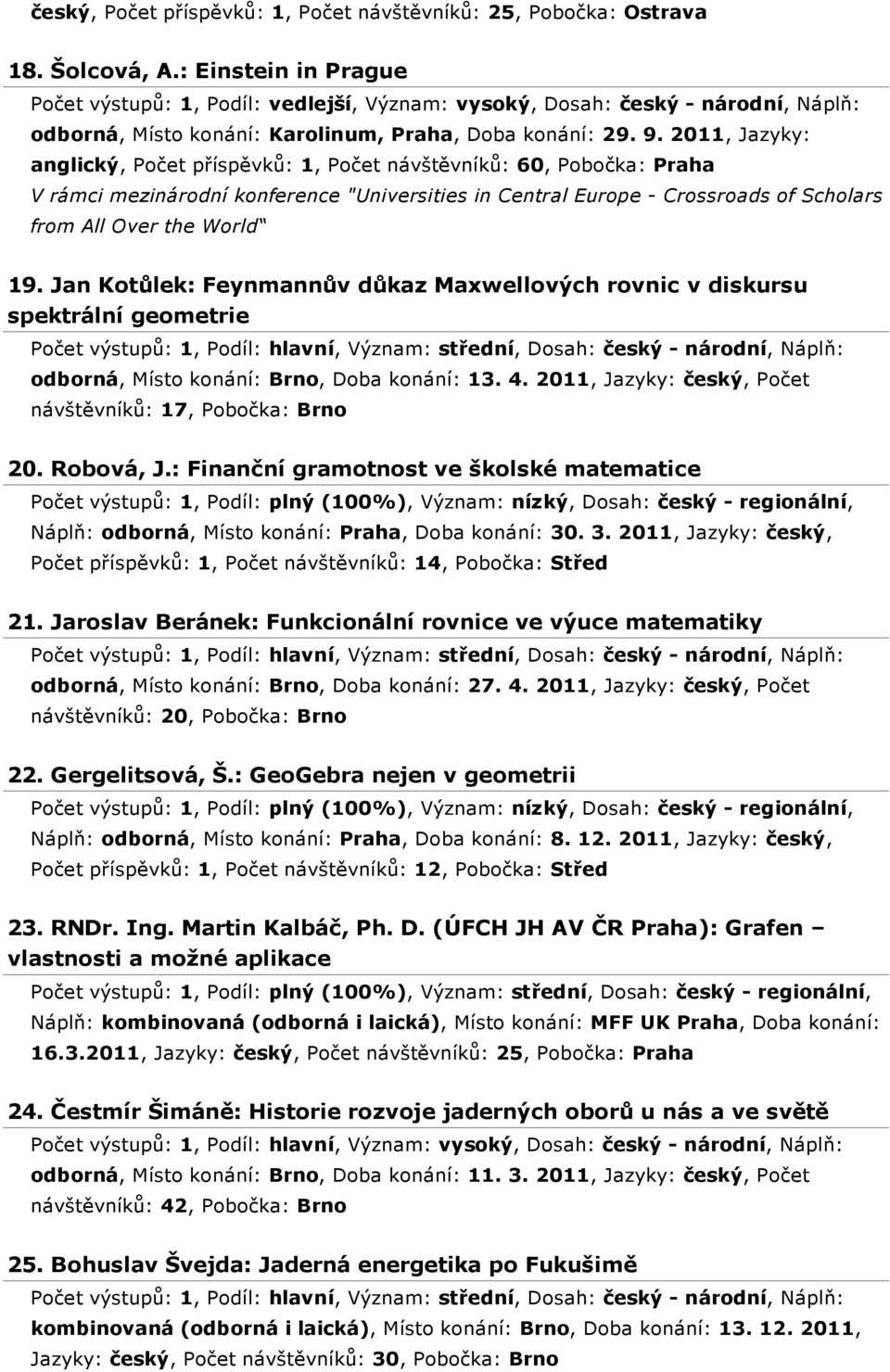 2011, Jazyky: anglický, Počet příspěvků: 1, Počet návštěvníků: 60, Pobočka: Praha V rámci mezinárodní konference "Universities in Central Europe - Crossroads of Scholars from All Over the World 19.