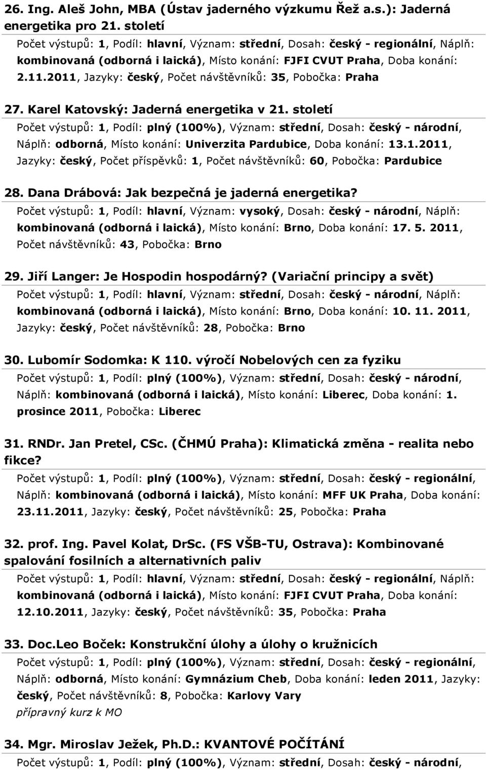 2011, Jazyky: český, Počet návštěvníků: 35, Pobočka: Praha 27. Karel Katovský: Jaderná energetika v 21. století Náplň: odborná, Místo konání: Univerzita Pardubice, Doba konání: 13.1.2011, Jazyky: český, Počet příspěvků: 1, Počet návštěvníků: 60, Pobočka: Pardubice 28.