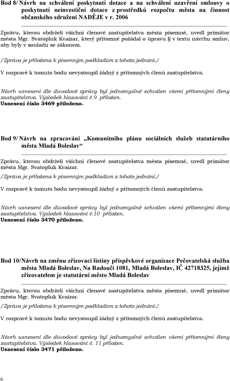 Bod 9/ Návrh na zpracování Komunitního plánu sociálních služeb statutárního města Mladá Boleslav města Mgr. Svatopluk Kvaizar. zastupitelstva. Výsledek hlasování č.10 přiložen.