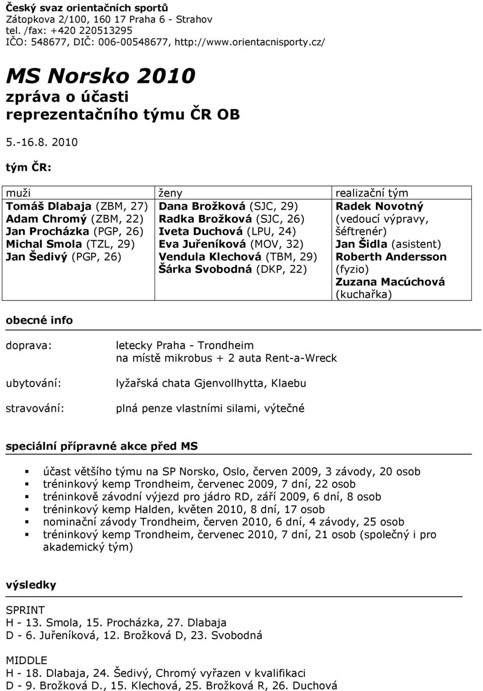 2010 tým ČR: muži ženy realizační tým Tomáš Dlabaja (ZBM, 27) Dana Brožková (SJC, 29) Radek Novotný Adam Chromý (ZBM, 22) Jan Procházka (PGP, 26) Michal Smola (TZL, 29) Jan Šedivý (PGP, 26) Radka