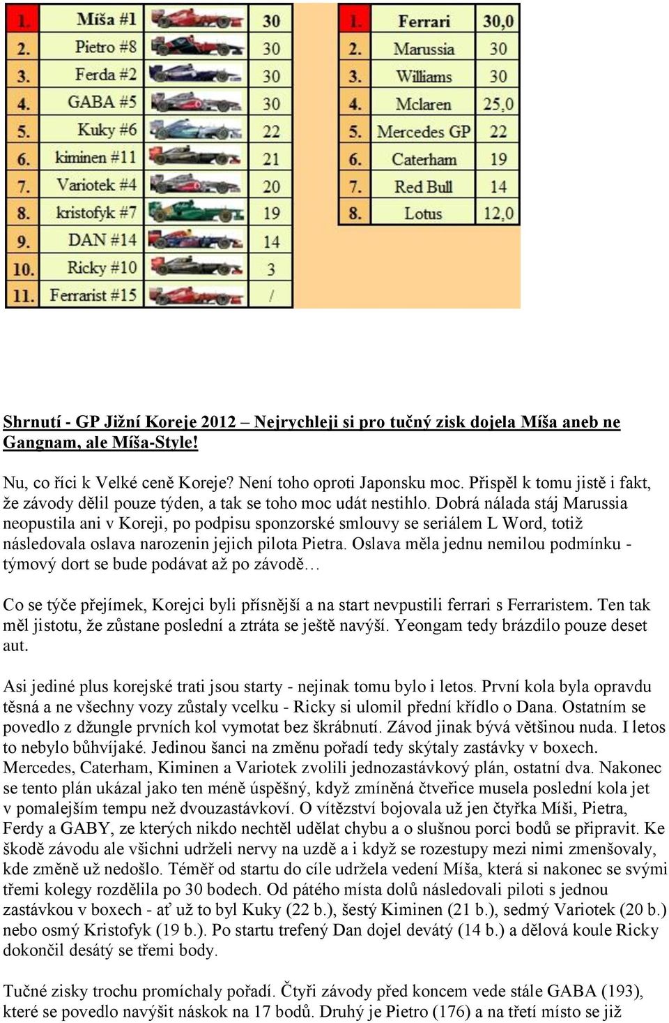 Dobrá nálada stáj Marussia neopustila ani v Koreji, po podpisu sponzorské smlouvy se seriálem L Word, totiž následovala oslava narozenin jejich pilota Pietra.