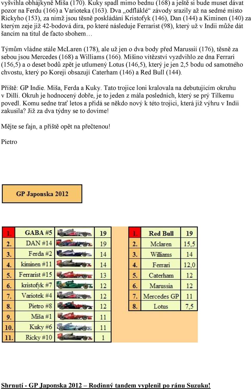 (98), který už v Indii může dát šancím na titul de facto sbohem Týmům vládne stále McLaren (178), ale už jen o dva body před Marussií (176), těsně za sebou jsou Mercedes (168) a Williams (166).