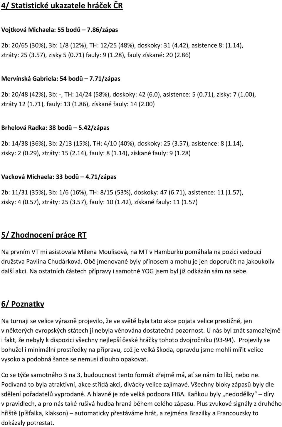 71), fauly: 13 (1.86), získané fauly: 14 (2.00) Brhelová Radka: 38 bodů 5.42/zápas 2b: 14/38 (36%), 3b: 2/13 (15%), TH: 4/10 (40%), doskoky: 25 (3.57), asistence: 8 (1.14), zisky: 2 (0.