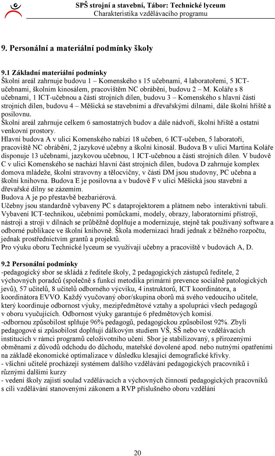 Koláře s 8 učebnami, ICT-učebnou a částí strojních dílen, budovu 3 Komenského s hlavní částí strojních dílen, budovu 4 Měšická se stavebními a dřevařskými dílnami, dále školní hřiště a posilovnu.