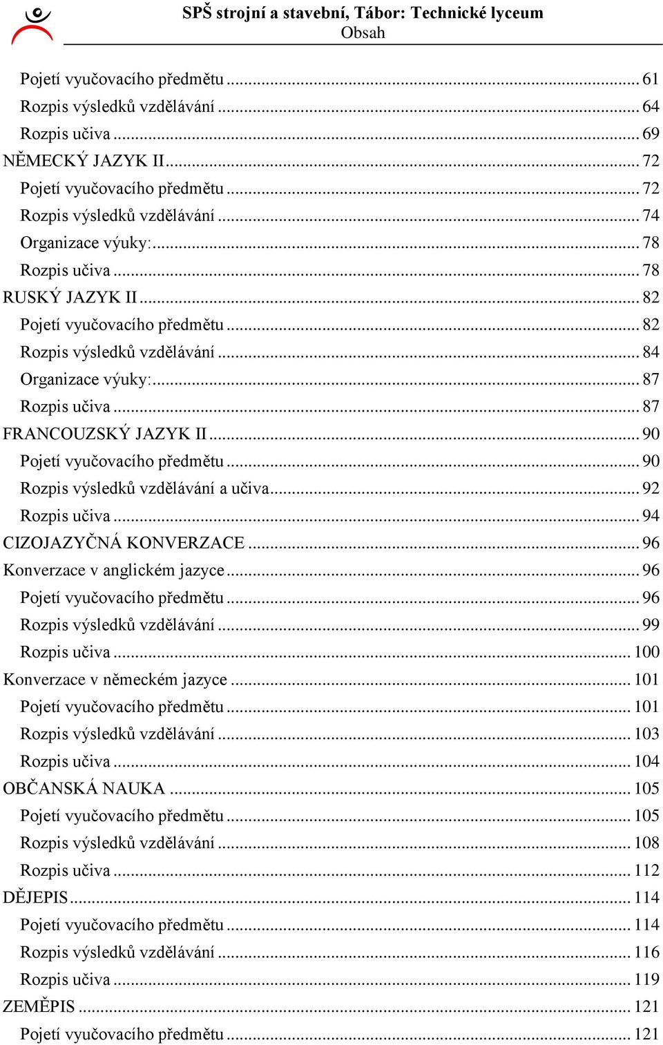 .. 90 Pojetí vyučovacího předmětu... 90 Rozpis výsledků vzdělávání a učiva... 9 Rozpis učiva... 94 CIZOJAZYČNÁ KONVERZACE... 96 Konverzace v anglickém jazyce... 96 Pojetí vyučovacího předmětu.