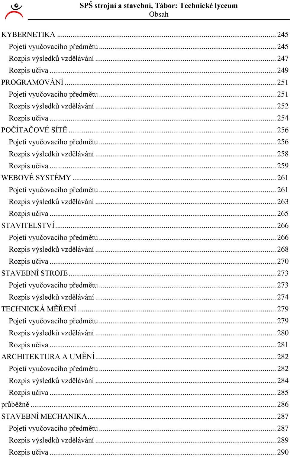 .. 6 Rozpis výsledků vzdělávání... 63 Rozpis učiva... 65 STAVITELSTVÍ... 66 Pojetí vyučovacího předmětu... 66 Rozpis výsledků vzdělávání... 68 Rozpis učiva... 70 STAVEBNÍ STROJE.