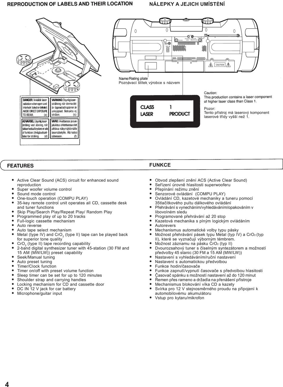 FUNKCE Active Clear Sound (ACS) circuit for enhanced sound reproduction Super woofer volume control Sound mode control One-touch operation (COMPU PLAY) 35-key remote control unit operates all CD,