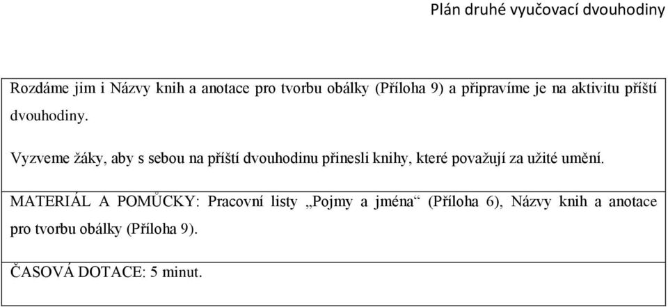 Vyzveme žáky, aby s sebou na příští dvouhodinu přinesli knihy, které považují za užité umění.