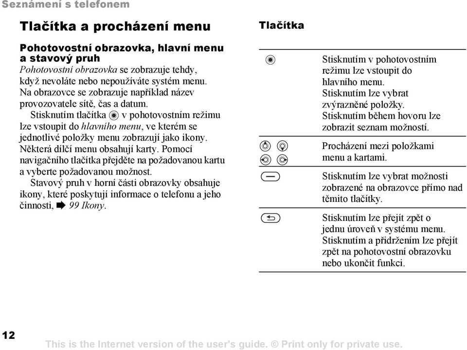 Stisknutím tlačítka v pohotovostním režimu lze vstoupit do hlavního menu, ve kterém se jednotlivé položky menu zobrazují jako ikony. Některá dílčí menu obsahují karty.