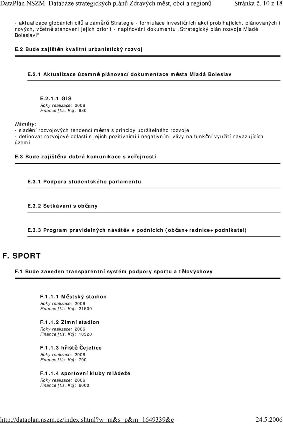 rozvoje Mladé Boleslavi E.2 Bude zajištěn kvalitní urbanistický rozvoj E.2.1 Aktualizace územně plánovací dokumentace města Mladá Boleslav E.2.1.1 GIS Finance [tis.