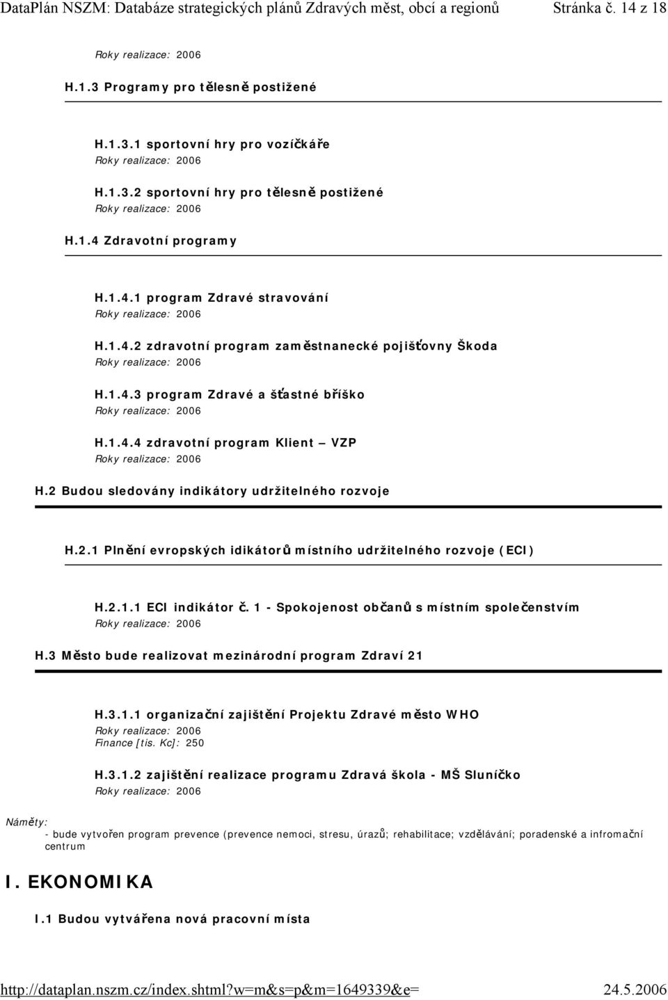 2.1.1 ECI indikátor č. 1 - Spokojenost občanů s místním společenstvím H.3 Město bude realizovat mezinárodní program Zdraví 21 H.3.1.1 organizační zajištění Projektu Zdravé město WHO Finance [tis.