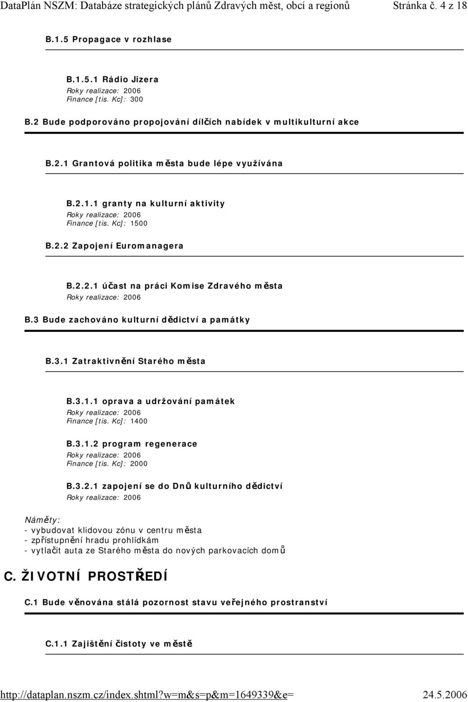 3.1.1 oprava a udržování památek Finance [tis. Kc]: 1400 B.3.1.2 