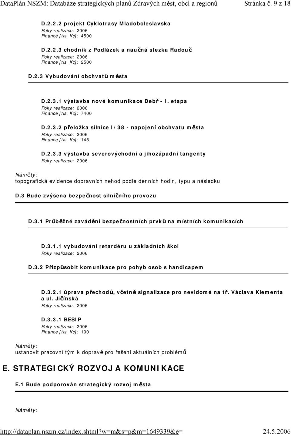 3 Bude zvýšena bezpečnost silničního provozu D.3.1 Průběžné zavádění bezpečnostních prvků na místních komunikacích D.3.1.1 vybudování retardéru u základních škol D.3.2 Přizpůsobit komunikace pro pohyb osob s handicapem D.