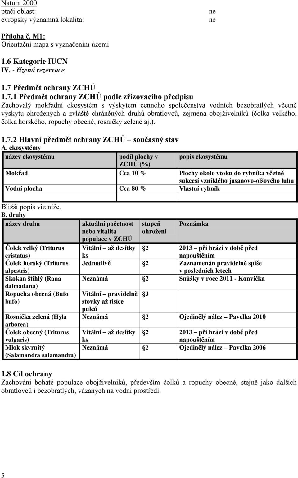 1 Předmět ochrany ZCHÚ podle zřizovacího předpisu Zachovalý mokřadní ekosystém s výskytem cenného společenstva vodních bezobratlých včetně výskytu ohrožených a zvláště chráněných druhů obratlovců,