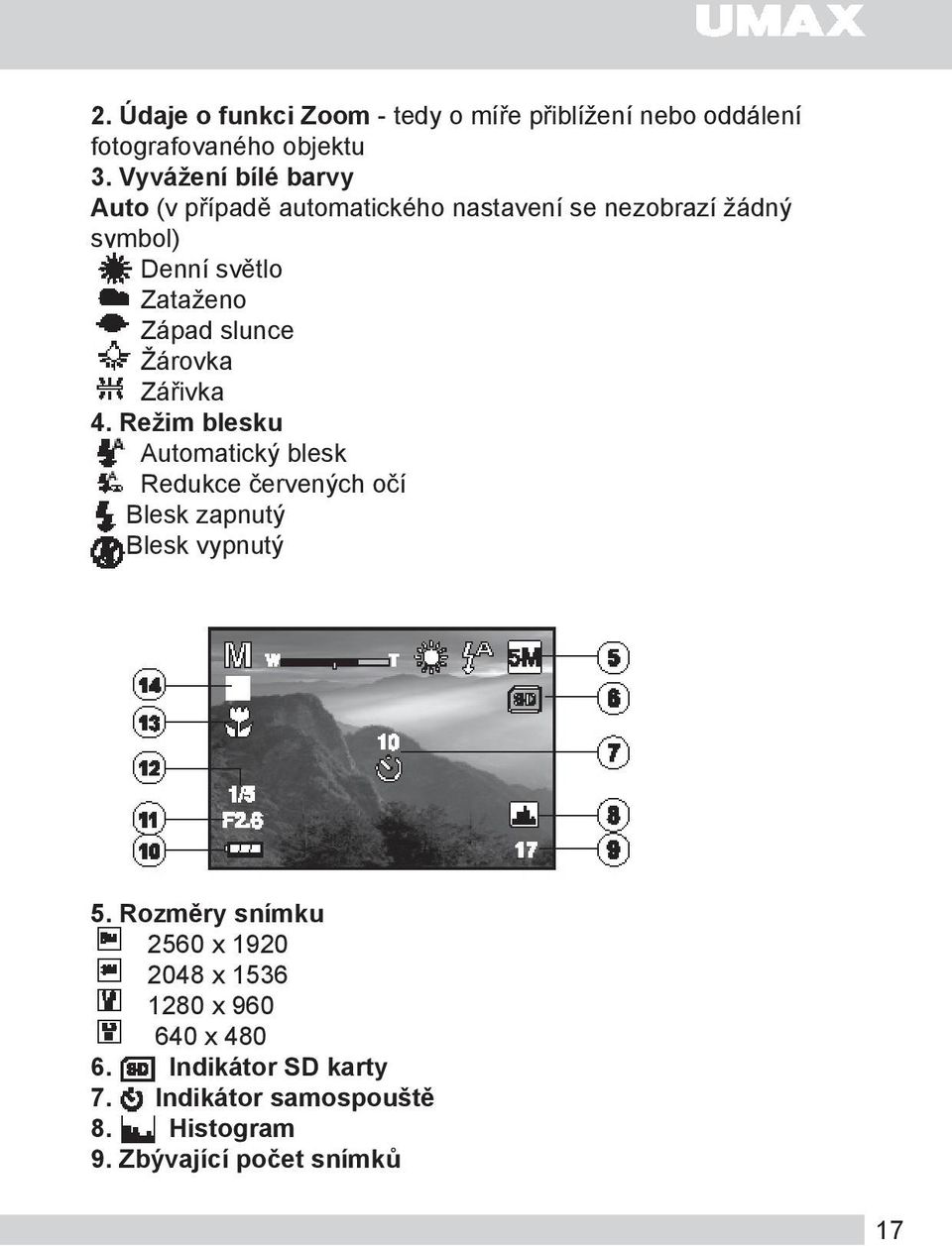 slunce Žárovka Zářivka 4. Režim blesku Automatický blesk Redukce červených očí Blesk zapnutý Blesk vypnutý 5.