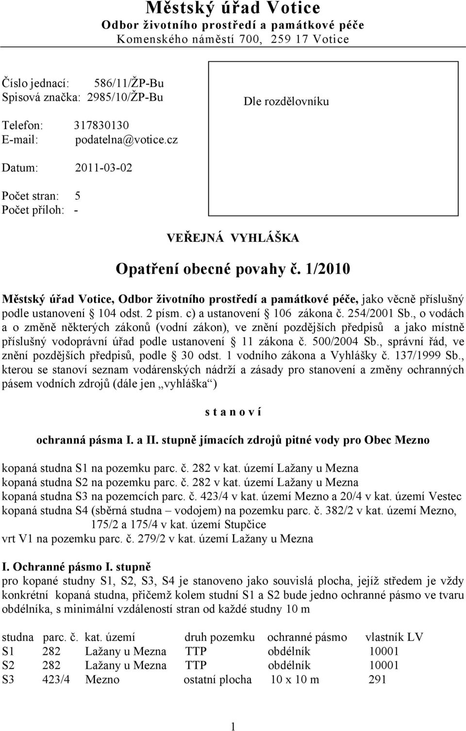 1/2010 Městský úřad Votice, Odbor životního prostředí a památkové péče, jako věcně příslušný podle ustanovení 104 odst. 2 písm. c) a ustanovení 106 zákona č. 254/2001 Sb.