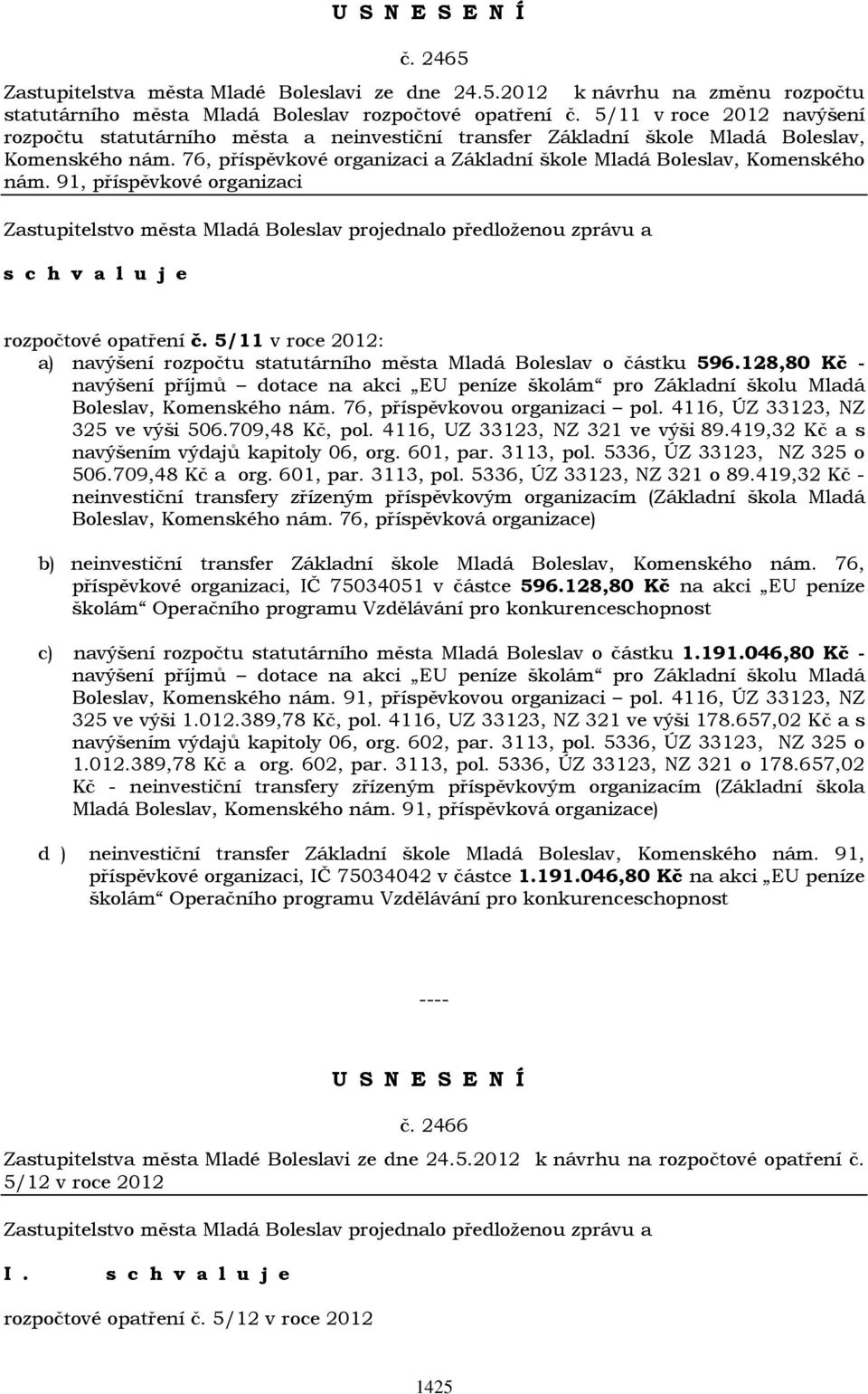 91, příspěvkové organizaci rozpočtové opatření č. 5/11 v roce 2012: a) navýšení rozpočtu statutárního města Mladá Boleslav o částku 596.