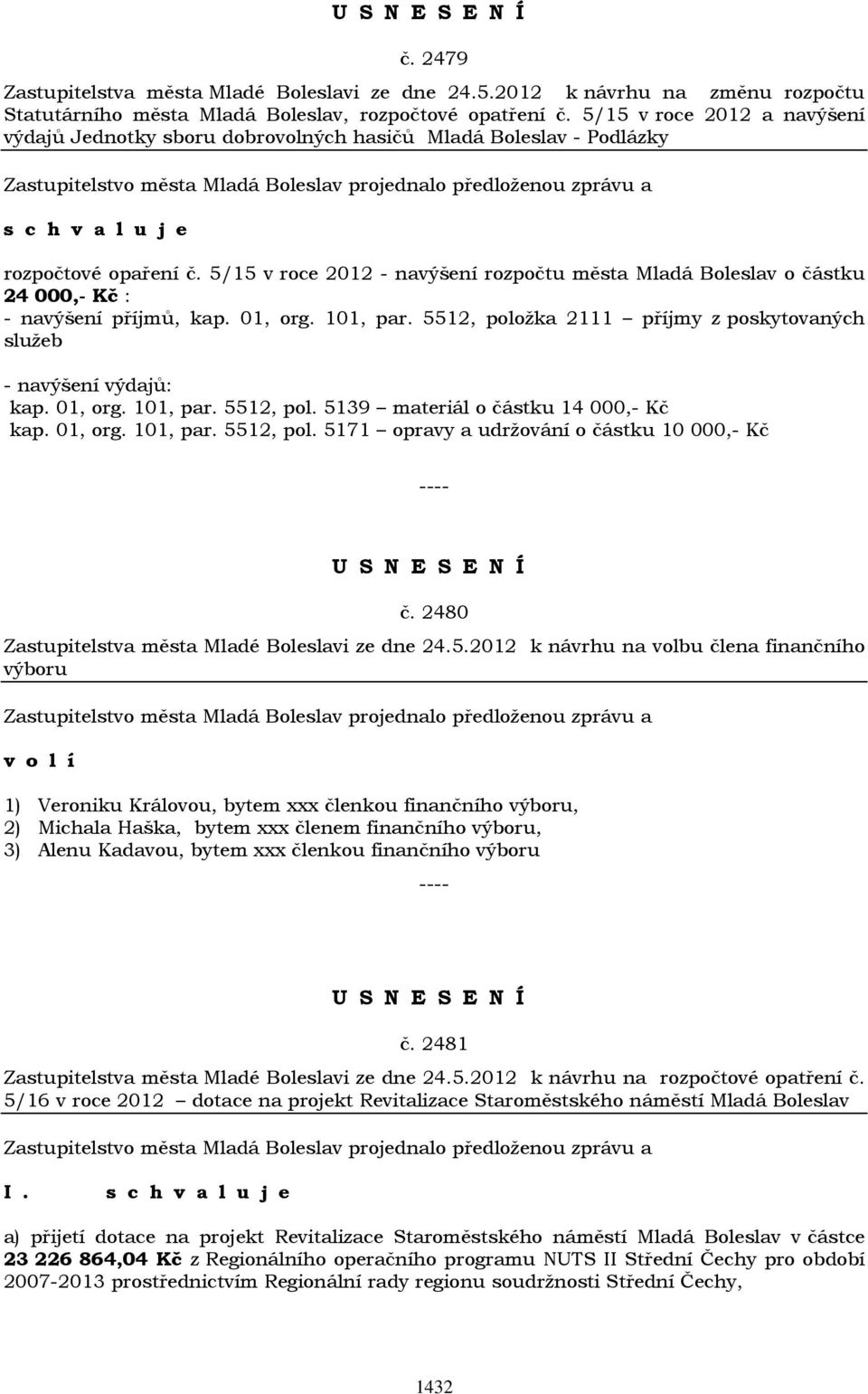 5/15 v roce 2012 - navýšení rozpočtu města Mladá Boleslav o částku 24 000,- Kč : - navýšení příjmů, kap. 01, org. 101, par. 5512, položka 2111 příjmy z poskytovaných služeb - navýšení výdajů: kap.