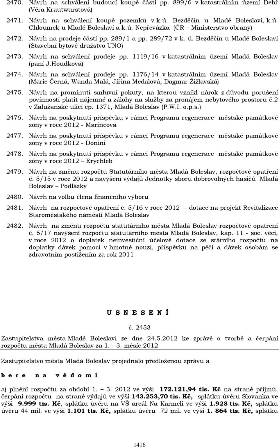 1119/16 v katastrálním území Mladá Boleslav (paní J.Houdková) 2474. Návrh na schválení prodeje pp.