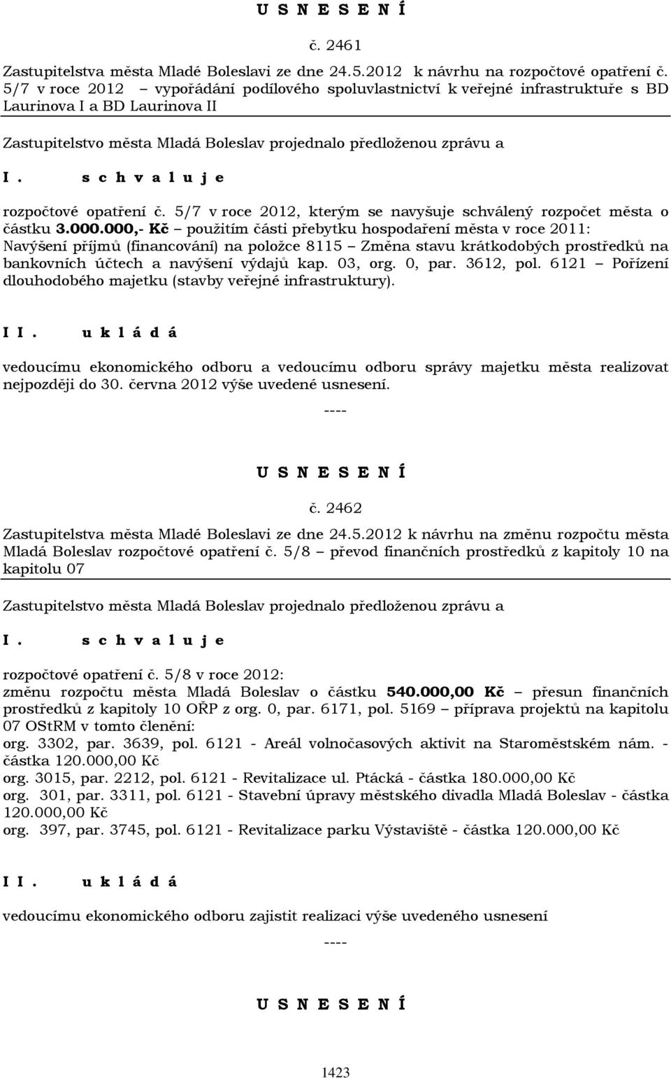 5/7 v roce 2012, kterým se navyšuje schválený rozpočet města o částku 3.000.