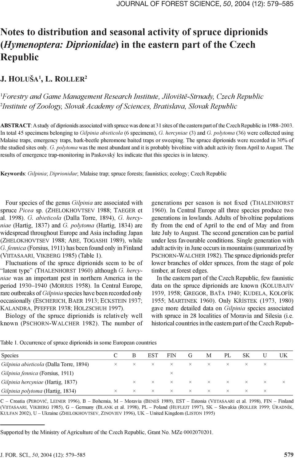 diprionids associated with spruce was done at 31 sites of the eastern part of the Czech Republic in 1988 2003. In total 45 specimens belonging to Gilpinia abieticola (6 specimens), G.