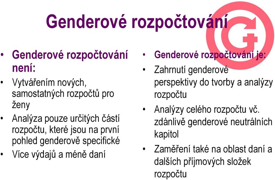 daní Genderové rozpočtování je: Zahrnutí genderové perspektivy do tvorby a analýzy rozpočtu Analýzy celého