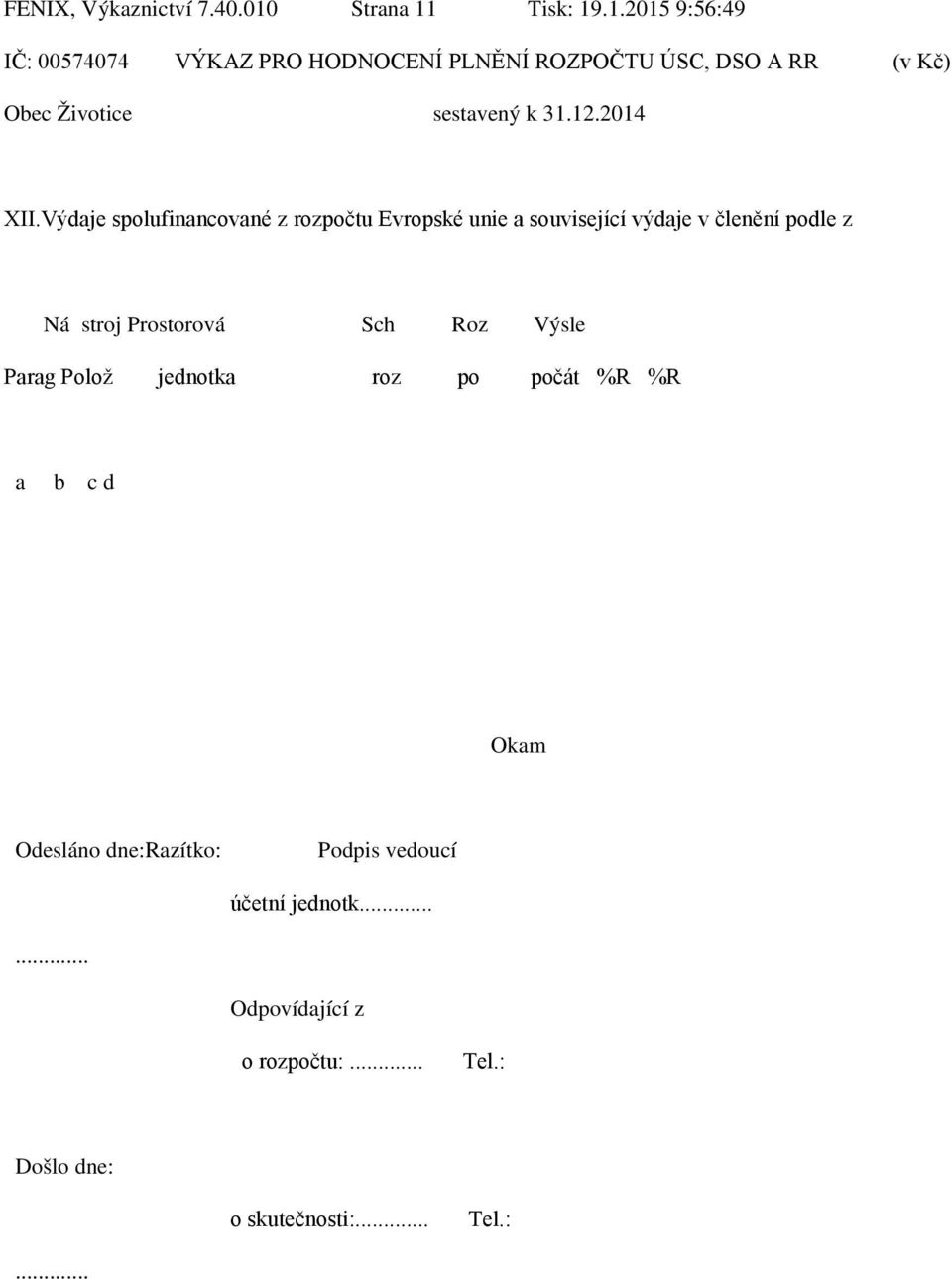 Tisk: 19.1.2015 9:56:49 IČ: 00574074 VÝKAZ PRO HODNOCENÍ PLNĚNÍ ROZPOČTU ÚSC, DSO A RR (v Kč) Obec Životice sestavený k 31.