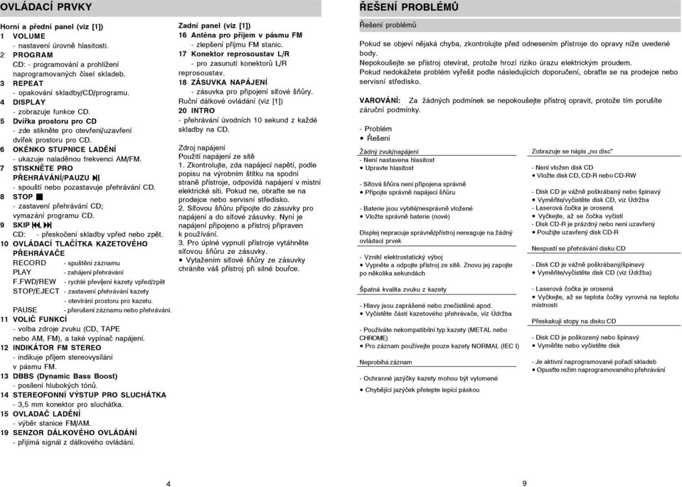6 OKÉNKO STUPNICE LADĚNÍ - ukazuje naladěnou frekvenci AM/FM. 7 STISKNĚTE PRO PŘEHRÁVÁNÍ/PAUZU - spouští nebo pozastavuje přehrávání CD. 8 STOP - zastavení přehrávání CD; vymazání programu CD.