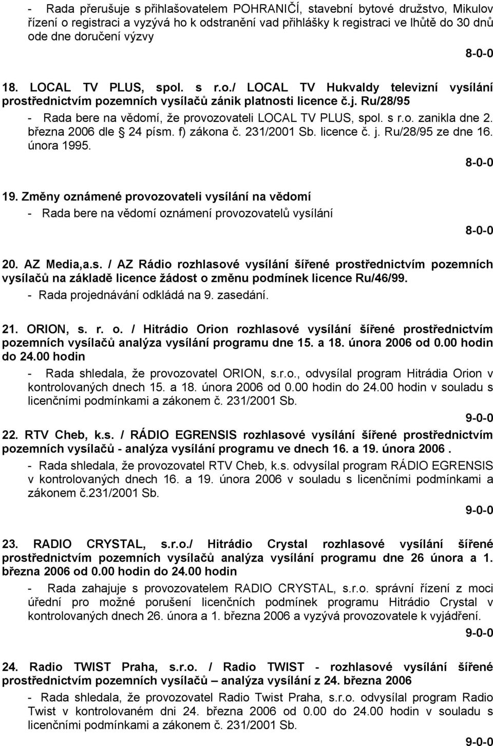 s r.o. zanikla dne 2. března 2006 dle 24 písm. f) zákona č. 231/2001 Sb. licence č. j. Ru/28/95 ze dne 16. února 199