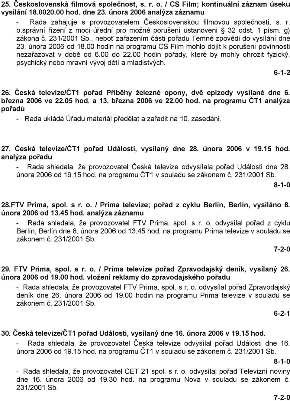 231/2001 Sb., neboť zařazením části pořadu Temné zpovědi do vysílání dne 23. února 2006 od 18.00 hodin na programu CS Film mohlo dojít k porušení povinnosti nezařazovat v době od 6.00 do 22.