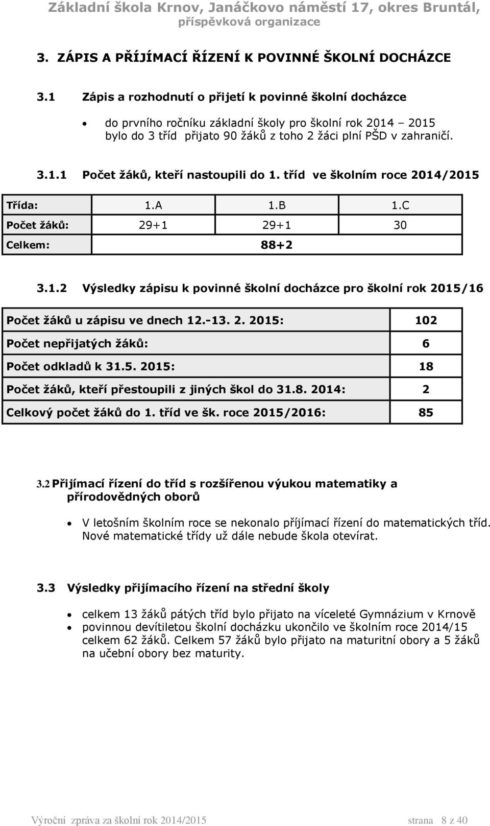 tříd ve školním roce 2014/2015 Třída: 1.A 1.B 1.C Počet žáků: 29+1 29+1 30 Celkem: 88+2 3.1.2 Výsledky zápisu k povinné školní docházce pro školní rok 2015/16 Počet žáků u zápisu ve dnech 12.-13. 2. 2015: 102 Počet nepřijatých žáků: 6 Počet odkladů k 31.