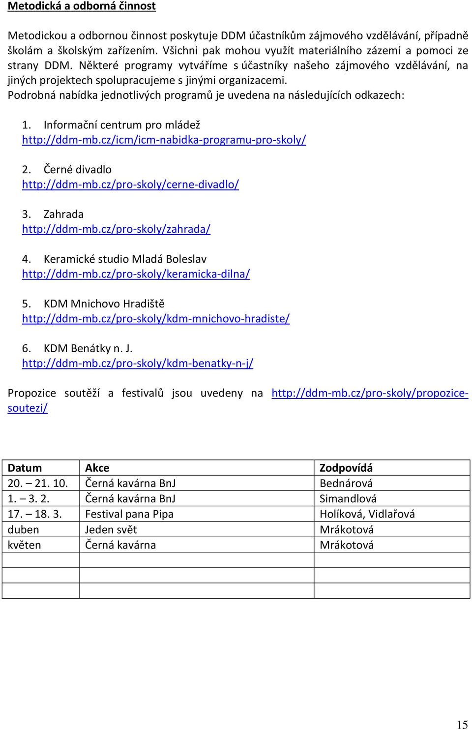 Podrobná nabídka jednotlivých programů je uvedena na následujících odkazech: 1. Informační centrum pro mládež http://ddm-mb.cz/icm/icm-nabidka-programu-pro-skoly/ 2. Černé divadlo http://ddm-mb.