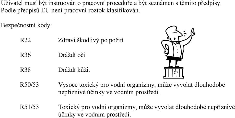 Bezpečnostní kódy: R22 R36 R38 Zdraví škodlivý po požití Dráždí oči Dráždí kůži.