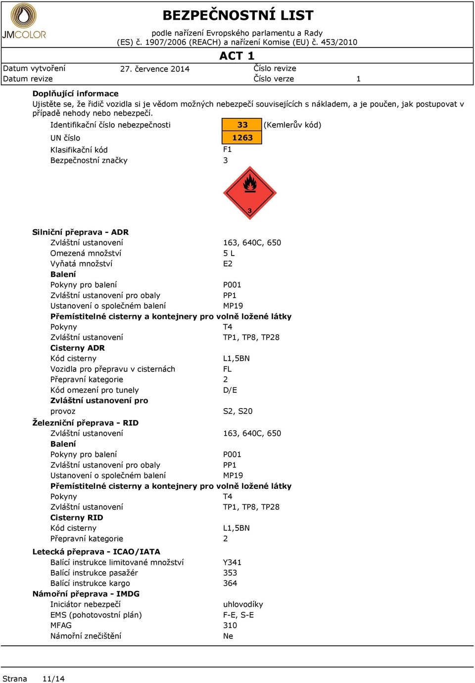 Idntifikační číslo nbzpčnosti UN číslo Klasifikační kód Bzpčnostní značky 33 263 F 3 (Kmlrův kód) Silniční přprava - ADR Zvláštní ustanovní 63, 640C, 650 Omzná množství 5 L Vyňatá množství E2 Balní