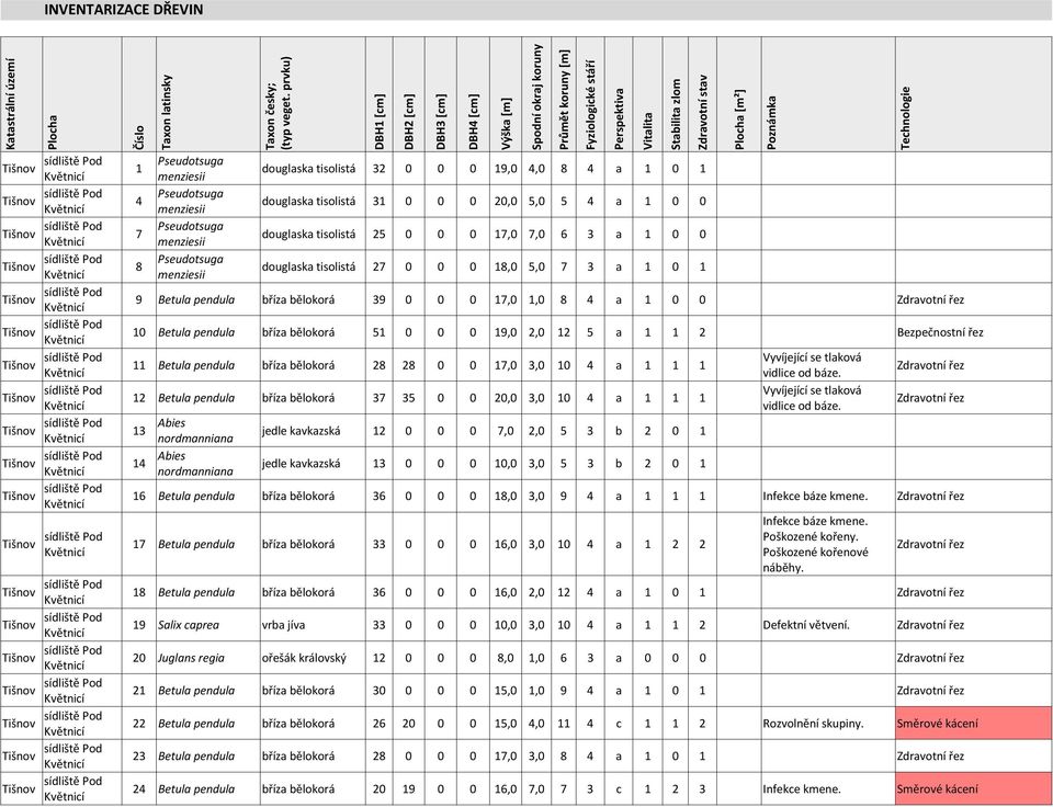 10 Betula pendula bříza bělokorá 51 0 0 0 19,0 2,0 12 5 a 1 1 2 Bezpečnostní řez Vyvíjející se tlaková 11 Betula pendula bříza bělokorá 28 28 0 0 17,0 3,0 10 4 a 1 1 1 vidlice od báze.