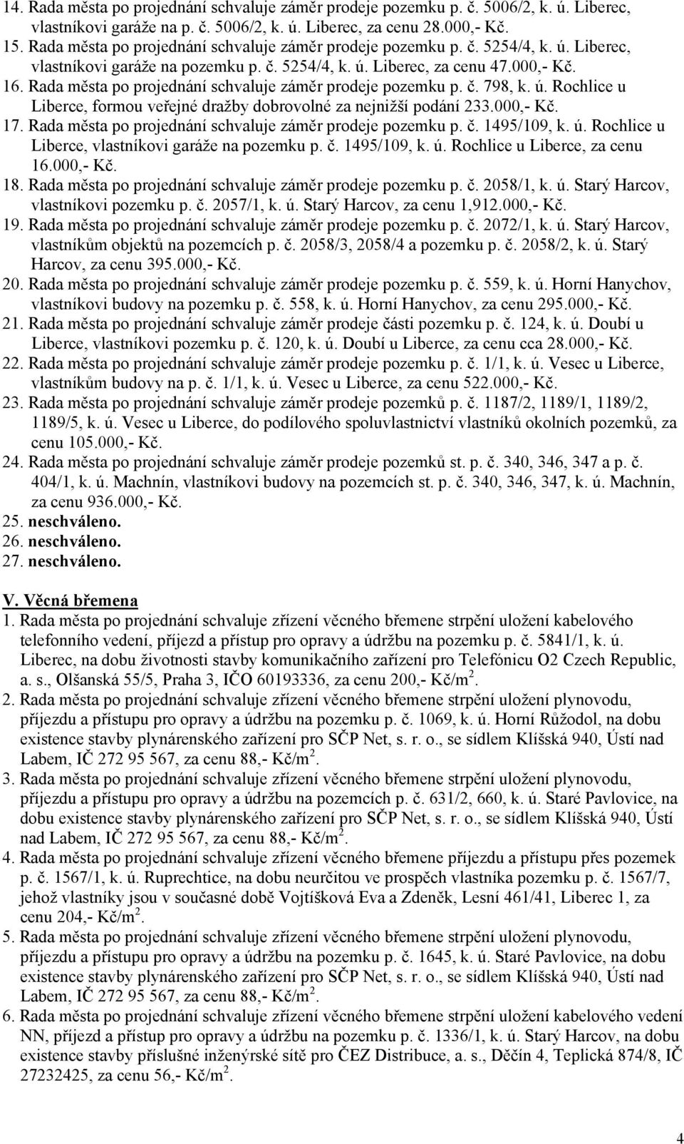 záměr prodeje pozemku p. č. 1495/109, k. ú. Rochlice u Liberce, vlastníkovi garáže na pozemku p. č. 1495/109, k. ú. Rochlice u Liberce, za cenu 16.000,- Kč. 18. záměr prodeje pozemku p. č. 2058/1, k.