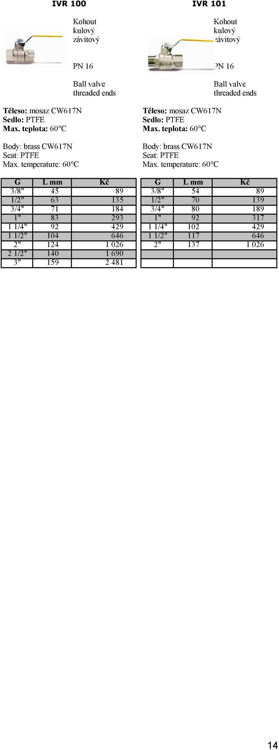 teplota: 60 C Body: brass CW617N Seat: PTFE Max.