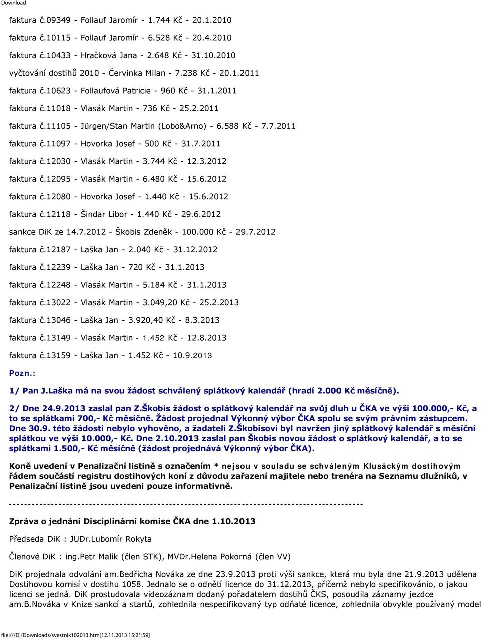 7.2011 faktura č.12030 - Vlasák Martin - 3.744 Kč - 12.3.2012 faktura č.12095 - Vlasák Martin - 6.480 Kč - 15.6.2012 faktura č.12080 - Hovorka Josef - 1.440 Kč - 15.6.2012 faktura č.12118 - Šindar Libor - 1.
