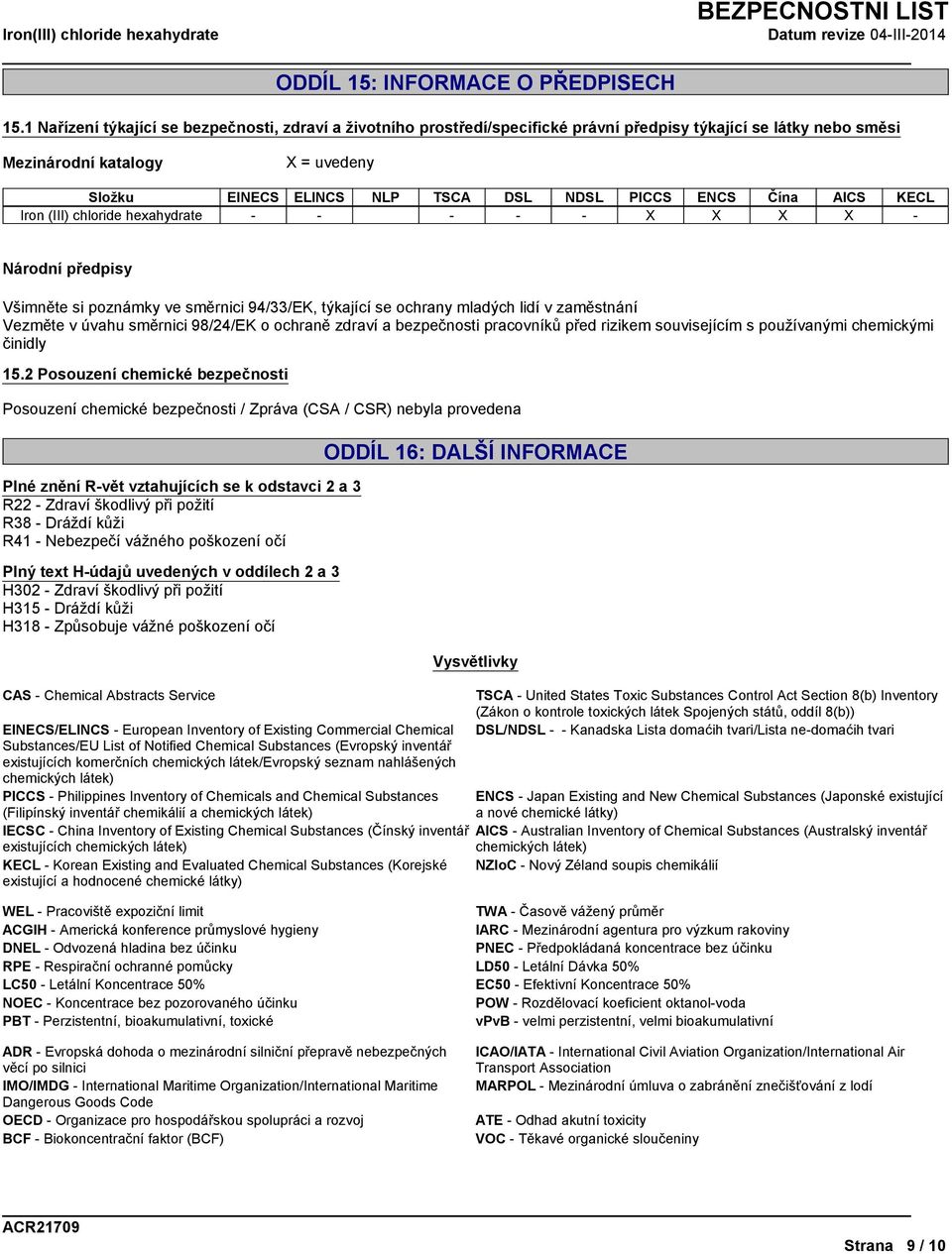 ENCS Čína AICS KECL Iron (III) chloride hexahydrate - - - - - X X X X - Národní předpisy Všimněte si poznámky ve směrnici 94/33/EK, týkající se ochrany mladých lidí v zaměstnání Vezměte v úvahu