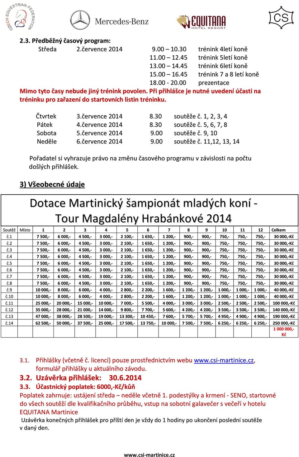 1, 2, 3, 4 Pátek 4.července 2014 8.30 soutěže č. 5, 6, 7, 8 Sobota 5.července 2014 9.00 soutěže č.